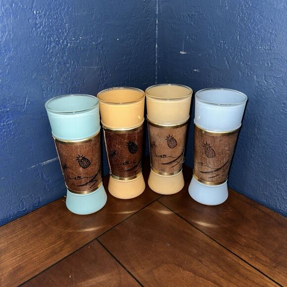 Vintage MCM Siesta Ware Tiki Bar Glasses Mahogany Wood Wrapped Set Of 4 - Picture 4 of 8